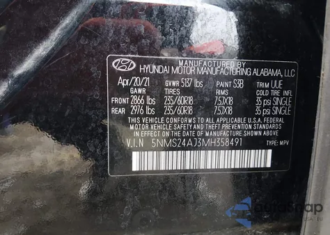 2021 Hyundai Santa Fe Sel из США, поврежденный, VIN 5NMS24AJ3MH358491